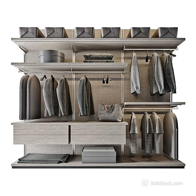 Modern Wooden Wardrobe With Hanging Clothes Multiple Shelves Drawers And Storage Boxes 3d model