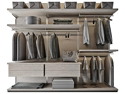 Modern Wooden Wardrobe With Hanging Clothes Multiple Shelves Drawers And Storage Boxes 3d model