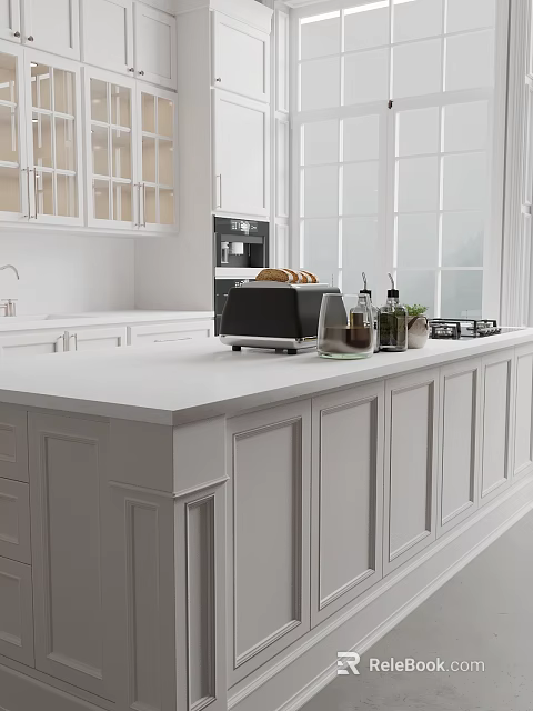 Elegant White Modern Kitchen With Island Counter Toaster Bread Plants And Windows 3d model 
