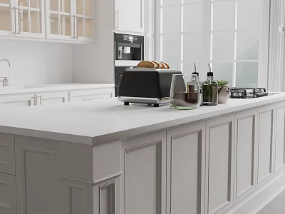 Elegant White Modern Kitchen With Island Counter Toaster Bread Plants And Windows 3d model