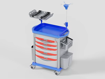 Medical Cart With Blue Top Red Handle Drawers Upper Tray Side Basket IV Pole Wheels 3d model