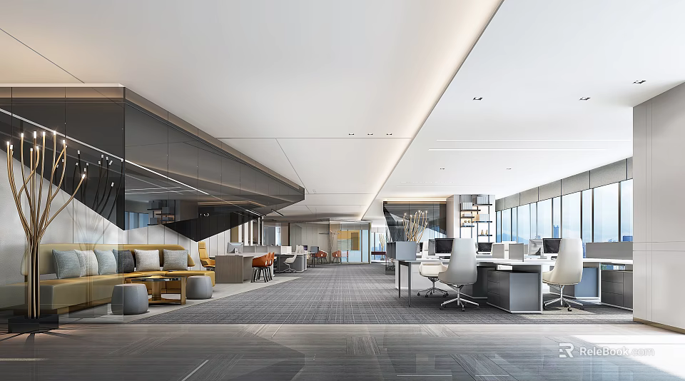 Modern Public Office Space Featuring Workstations Ergonomic Chairs Sofa Lounge And Large Windows With Natural Light 3d model 