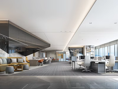 Modern Public Office Space Featuring Workstations Ergonomic Chairs Sofa Lounge And Large Windows With Natural Light 3d model