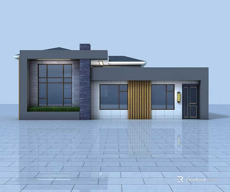 Modern Detached House Exterior Featuring Large Windows Dark Door And Wooden Accent 3d model 