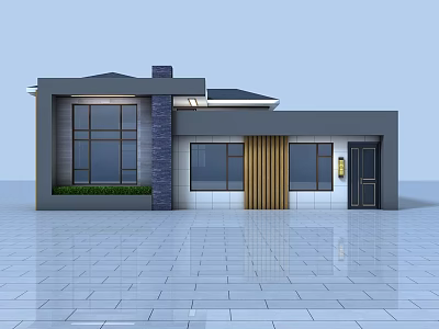 Modern Detached House Exterior Featuring Large Windows Dark Door And Wooden Accent 3d model