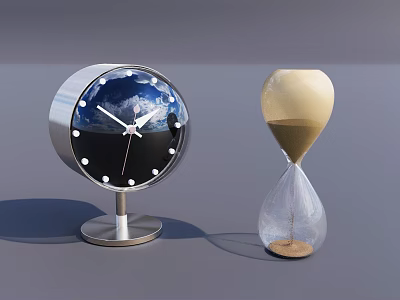 Silver Base Round Clock Blue Dial White Hands Dots And Glass Hourglass Light Yellow Sand 3d model
