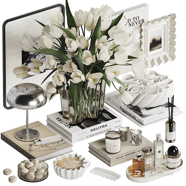 Elegant Decorative Ornament Set With White Tulip Bouquet Books And Scented Candles 3d model 