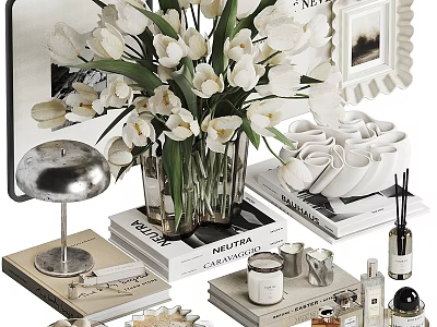 Elegant Decorative Ornament Set With White Tulip Bouquet Books And Scented Candles 3d model