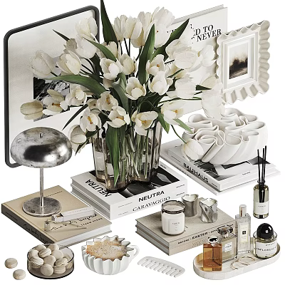 Elegant Decorative Ornament Set With White Tulip Bouquet Books And Scented Candles 3d model