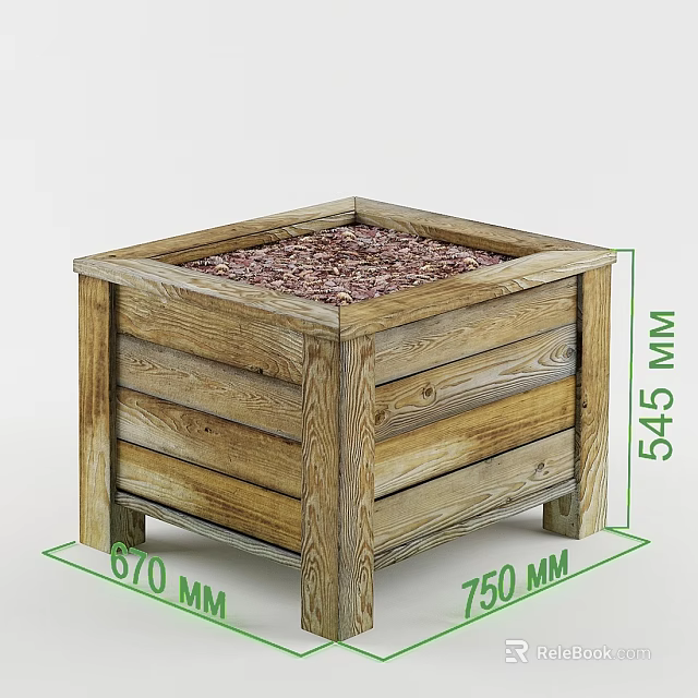 Square Wooden Garden Planter With Slatted Design Pebbles Inside And Dimensions 3d model