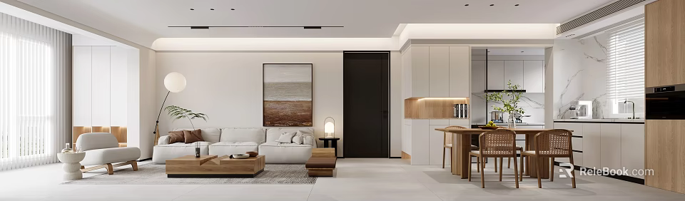 Modern Living and Dining Room Interior with White Sofa Coffee Table and Dining Table 3d model