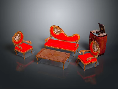Vintage Furniture Set With Carved Sofa Red Upholstery Wooden Coffee Table And Chairs 3d model