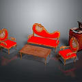 Vintage Furniture Set With Carved Sofa Red Upholstery Wooden Coffee Table And Chairs