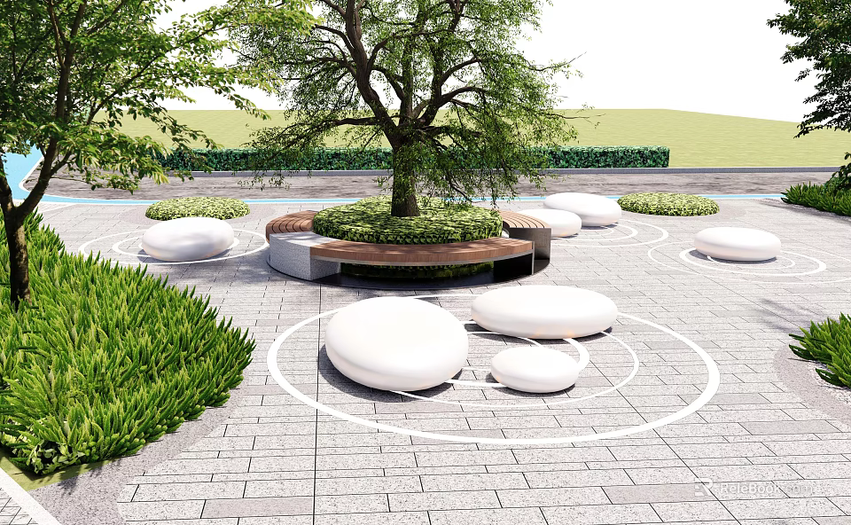 Park Landscape Design With Large Tree Circular White Seats Green Plants And Paved Ground 3d model 