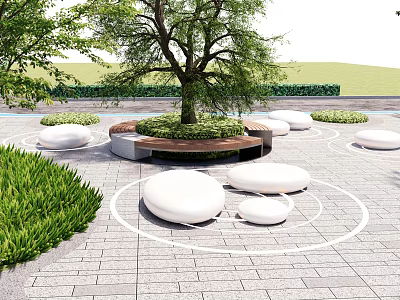 Park Landscape Design With Large Tree Circular White Seats Green Plants And Paved Ground 3d model