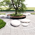 Park Landscape Design With Large Tree Circular White Seats Green Plants And Paved Ground