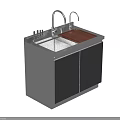 Stainless Steel Kitchen Sink Cabinet With Double Faucets Wooden Cutting Board And Black Doors