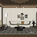 Elegant Modern Living Room Interior With Brown Ceiling Chandelier Framed Art Sofa And Geometric Rug