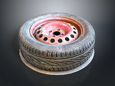 Worn Car Tire With Pink Hub And Black Holes On Textured Tread Surface 3d model