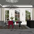 Elegant Modern Restaurant Interior With Red Green Checkered Chairs Chandelier Windows Greenery And Black Cabinets