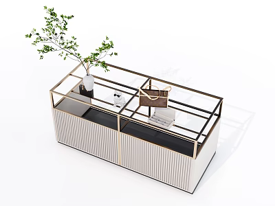Modern Coffee Table With Vertical Stripes Metal Frame Storage And Potted Plant Decor 3d model