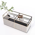 Modern Coffee Table With Vertical Stripes Metal Frame Storage And Potted Plant Decor