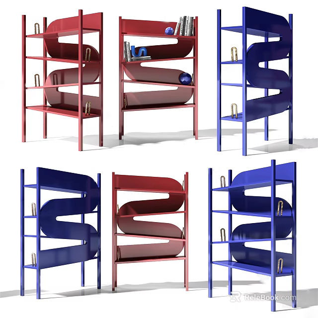 Multiple Modern Spiral Design Shelving Units in Red and Blue Colors 3d model 