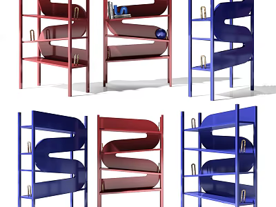 Multiple Modern Spiral Design Shelving Units in Red and Blue Colors 3d model