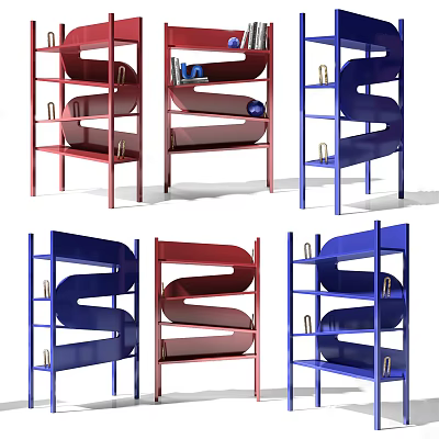 Multiple Modern Spiral Design Shelving Units in Red and Blue Colors 3d model