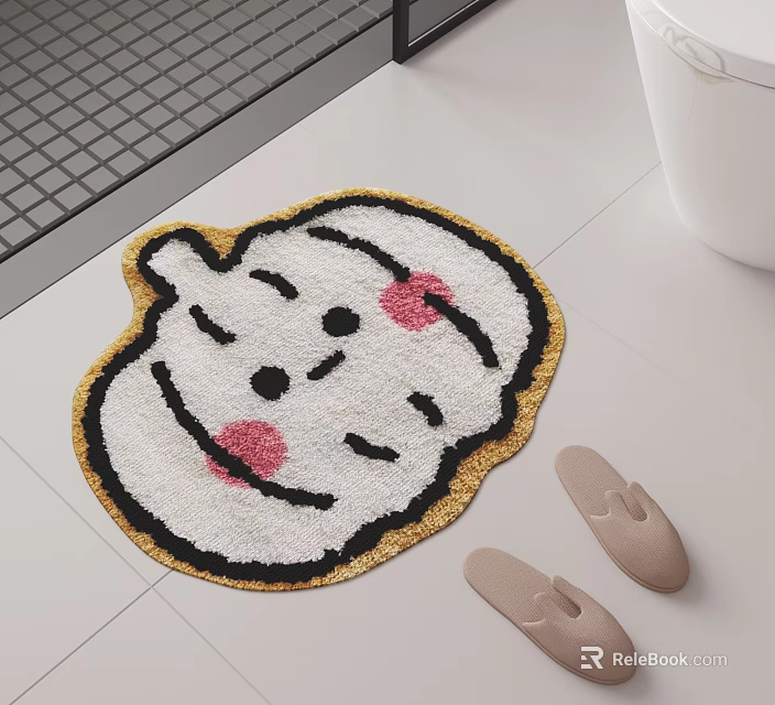 Soft Cozy Shaped Bathroom Rug With Cartoon Smiley Face And Nearby Slippers 3d model 