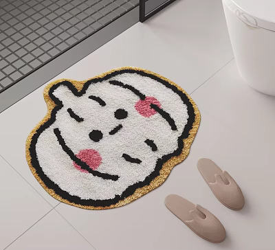 Soft Cozy Shaped Bathroom Rug With Cartoon Smiley Face And Nearby Slippers 3d model