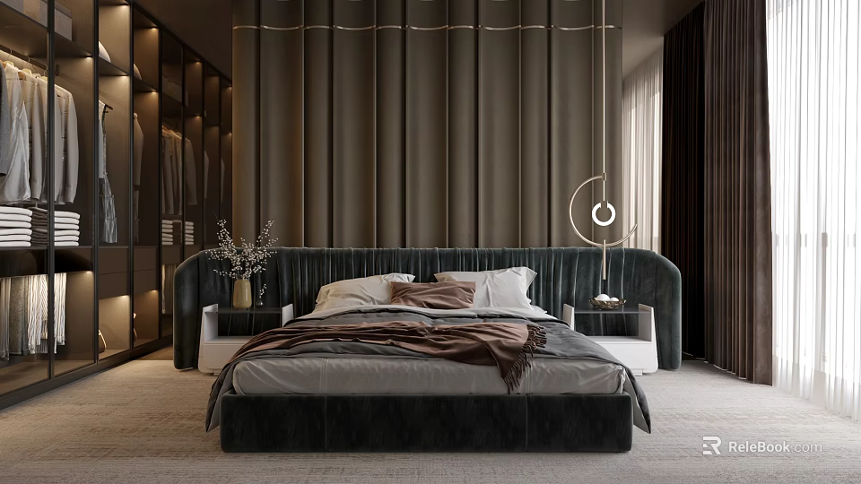 Elegant Modern Bedroom Interior Design With Dark Upholstered Headboard Round Pendant Light And Walk in Closet 3d model 