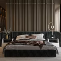 Elegant Modern Bedroom Interior Design With Dark Upholstered Headboard Round Pendant Light And Walk in Closet