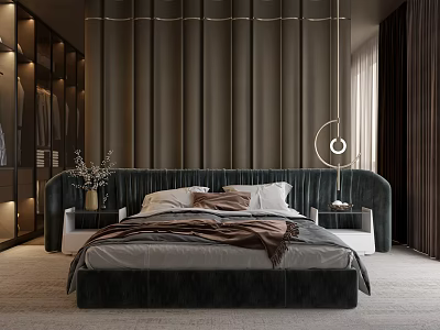 Elegant Modern Bedroom Interior Design With Dark Upholstered Headboard Round Pendant Light And Walk in Closet 3d model