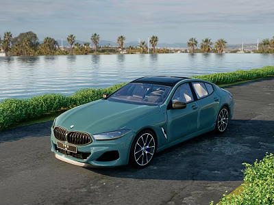 Teal Luxury Sedan Parked By Roadside Near Waterfront Palm Trees Grass And Mountains 3d model