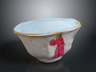 White Pink Ceramic Bowl Sculpture Featuring Painted Figure And Golden Rim 3d model