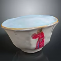 White Pink Ceramic Bowl Sculpture Featuring Painted Figure And Golden Rim