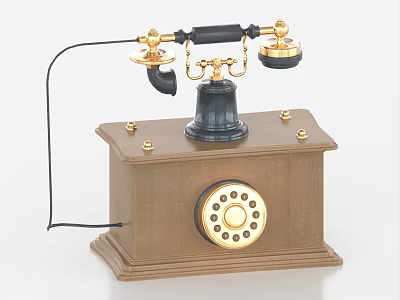 Vintage Home Telephone With Wooden Base Golden Accents And Rotary Dial Design 3d model