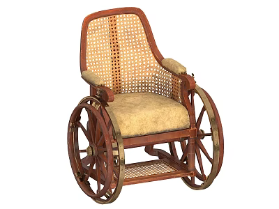 Medical Device Vintage Wheelchair With Rattan Backrest Wooden Frame And Beige Cushion 3d model