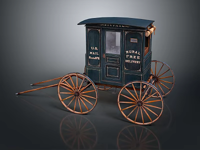 Classic Antique US Mail Carriage With Green Exterior And Large Wooden Wheels 3d model
