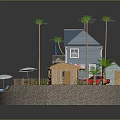 Cartoon Scene of Blue Roof Beach House with Palm Trees Waves Umbrella and Deck Chairs