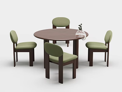 Round Wooden Dining Table With Four Green Cushioned Chairs And Glass Vase Plant 3d model