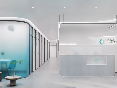 Minimalist Modern Office Reception Area With Glass Partition And Company Logo Design 3d model