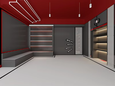 Modern Fitness Studio Interior With Red Ceiling Gray Walls Multiple Shelves And Bench 3d model