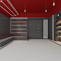 Modern Fitness Studio Interior With Red Ceiling Gray Walls Multiple Shelves And Bench