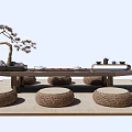 Traditional Tea Table with Woven Stools and Natural Decorative Pine Tree Tea Set 3d model