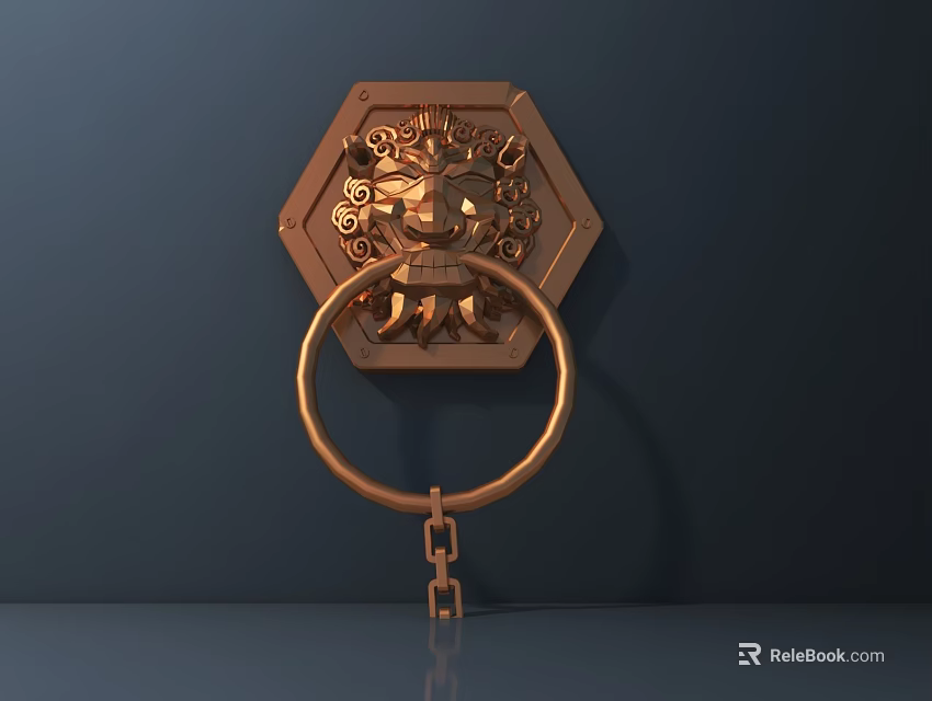 Ornate Copper Door Knocker With Lion Head Carving And Hexagonal Base 3d model 