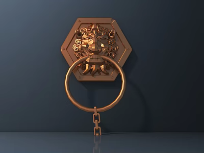 Ornate Copper Door Knocker With Lion Head Carving And Hexagonal Base 3d model