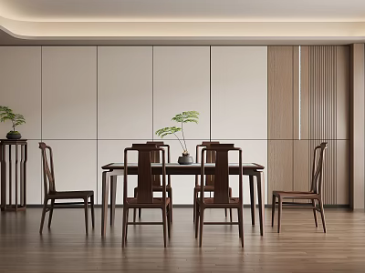 Chinese Style Restaurant Interior With Wooden Tables Chairs And Green Plants 3d model