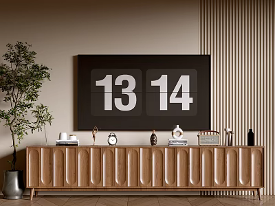 Wooden TV Stand with Vertical Striped Design and Decorative Items Near Green Plant 3d model